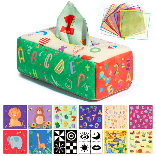 URMYWO tissue box toy engaging babies in tactile exploration and hand-eye coordination.