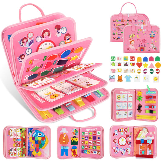 URMYWO Busy Board Pink with 12 pages, engaging fine motor play on the go