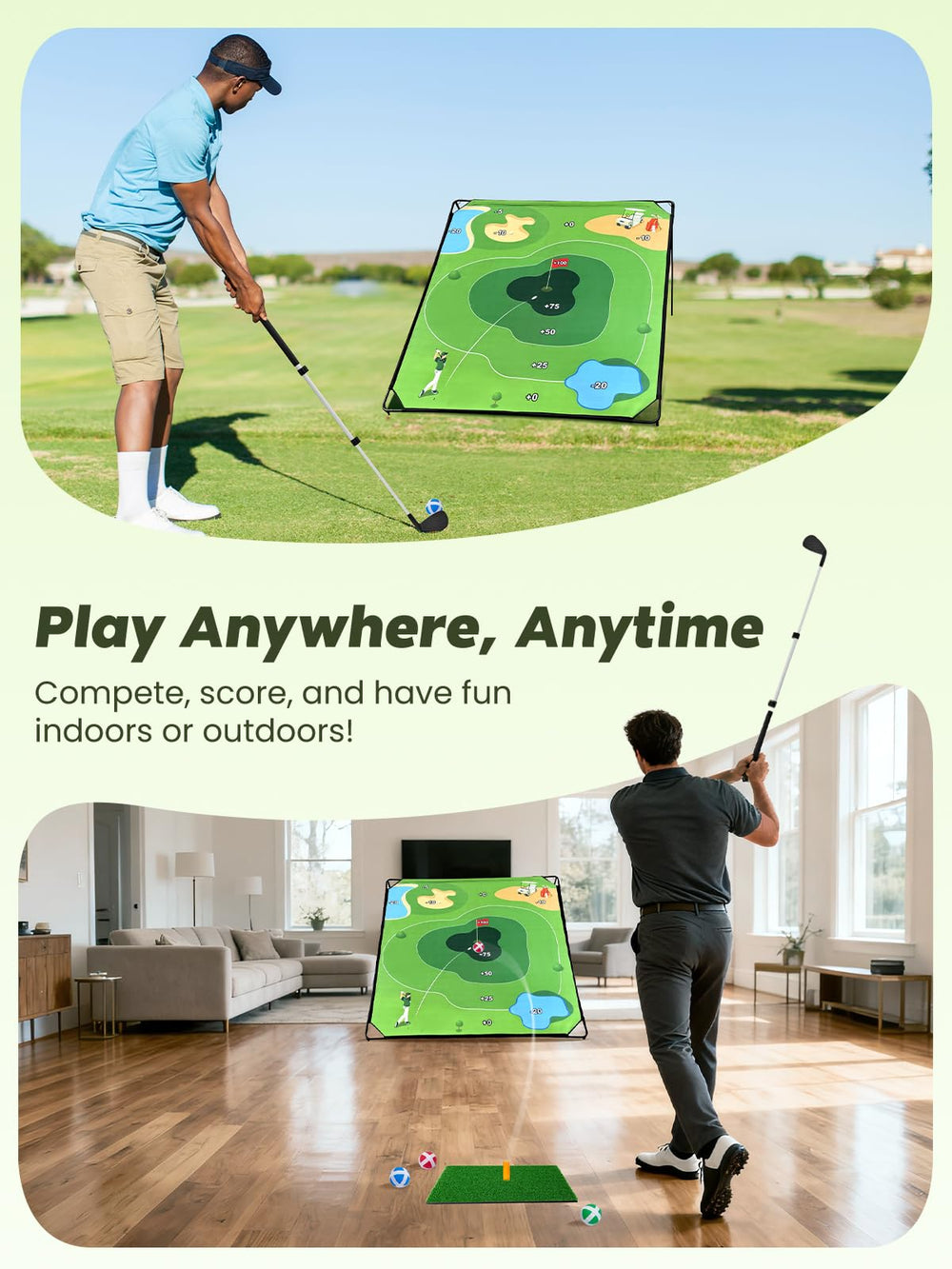URUQ rubber-base hitting mat protects clubs and stabilizes shots during family backyard play.