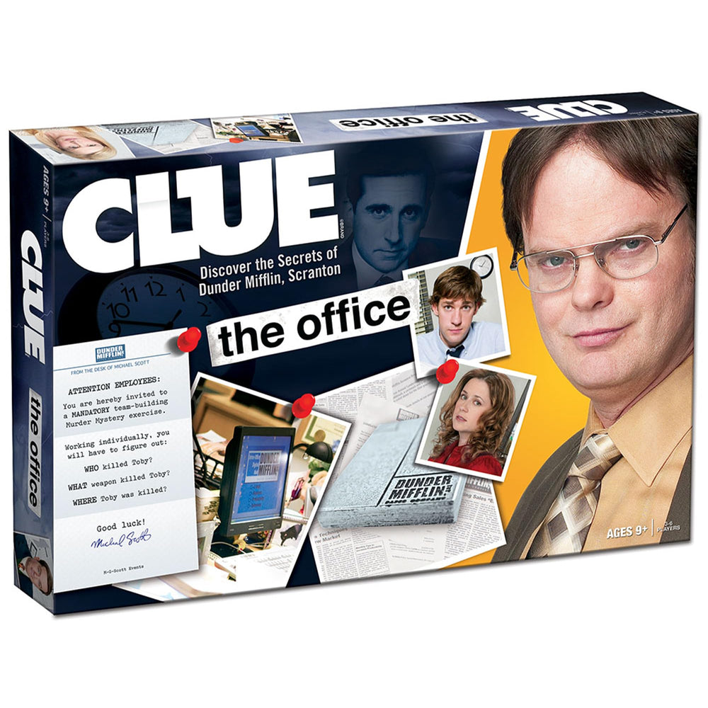 USAOPOLY CLUE Office Edition board game on table for family game night.