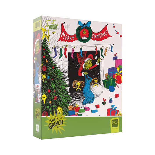 USAOPOLY Dr. Seuss Merry Grinchmas puzzle box art highlights a collectible holiday scene for display