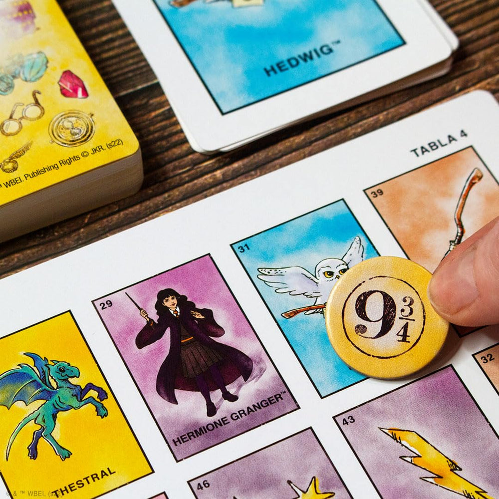 USAOPOLY Harry Potter Loteria boards with bilingual prompts for language practice and group play