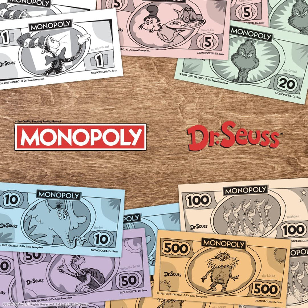 USAOPOLY Monopoly Dr. Seuss Discover cards add surprises and choices to rounds.