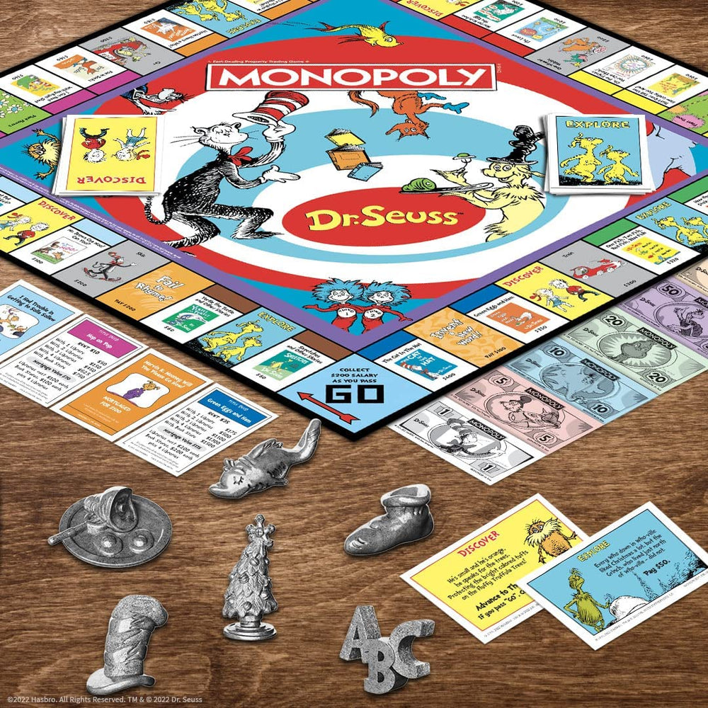 USAOPOLY Monopoly Dr. Seuss title deed cards display book titles to collect and trade.