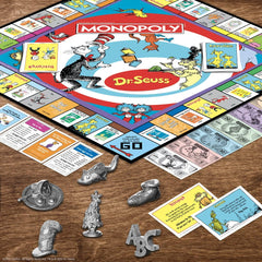 USAOPOLY Monopoly Dr. Seuss title deed cards display book titles to collect and trade.