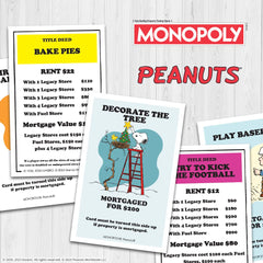 USAOPOLY Monopoly Peanuts title deed cards highlight themed decision points
