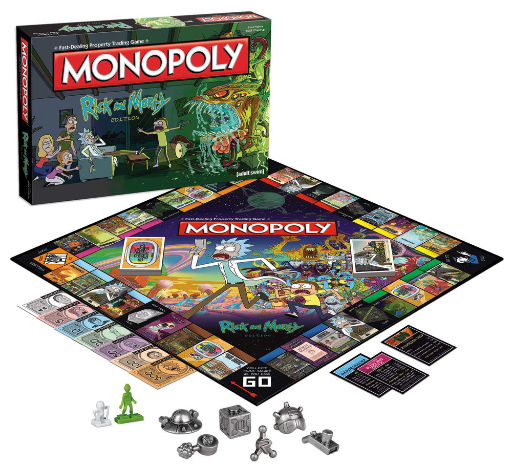 USAOPOLY Rick and Morty board art with multiverse scenery for immersive gameplay sessions.