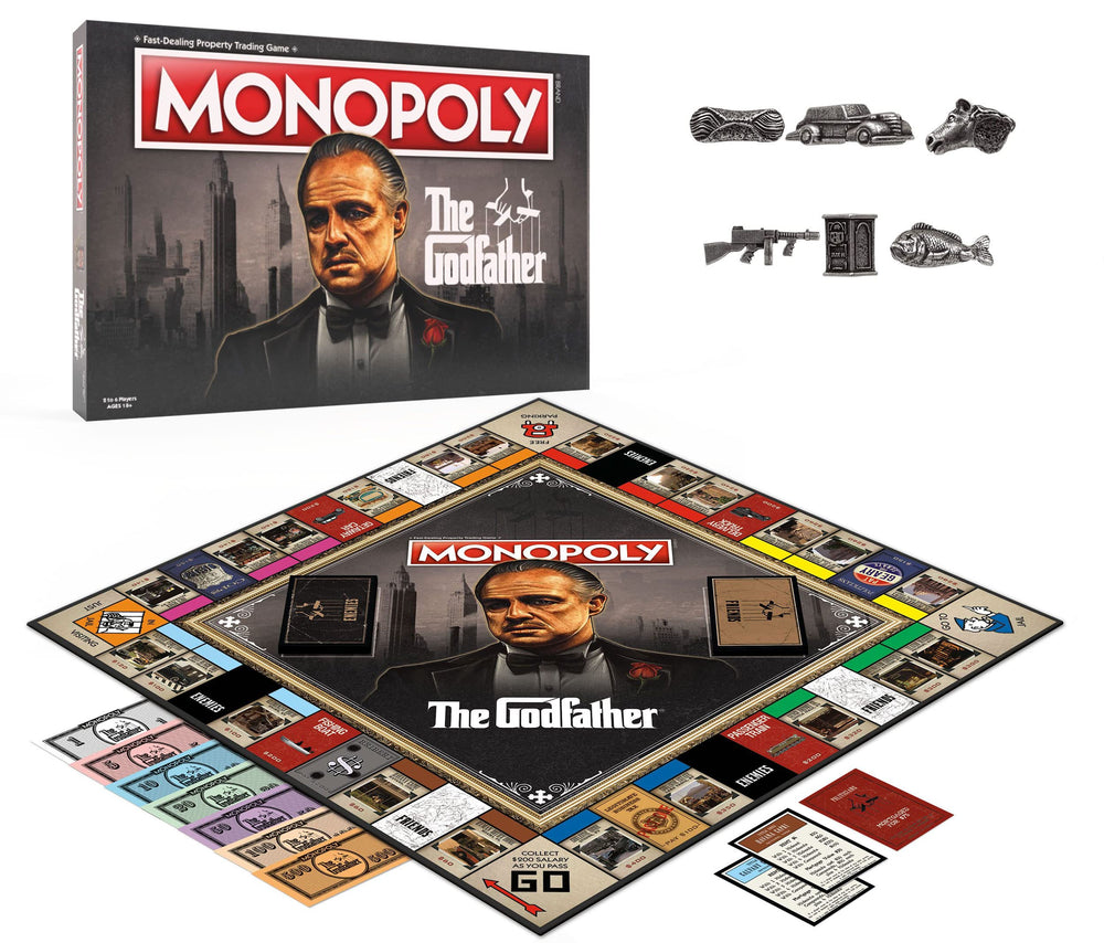 USAOPOLY Godfather token set including Tommy Gun and horse's head for dramatic play.