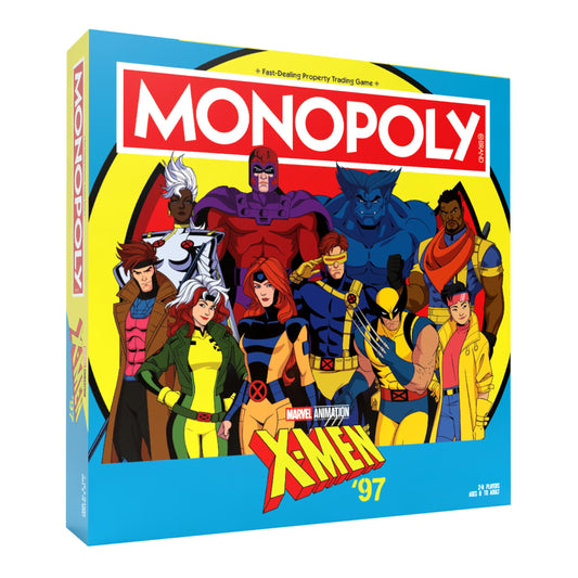 USAOPOLY Monopoly X-Men 97 Edition box front with vibrant Marvel artwork for collectors.