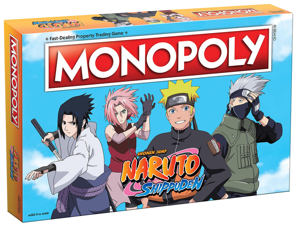 USAOPOLY Naruto Monopoly board with iconic locations for immersive family play.