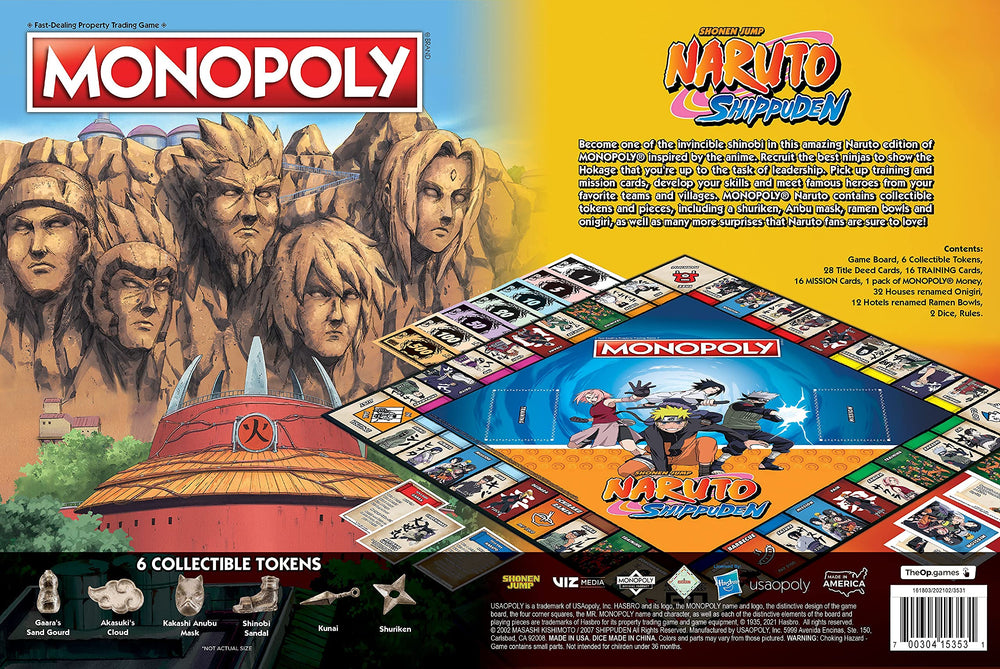 USAOPOLY Naruto Monopoly custom money with anime-inspired designs for authentic play.