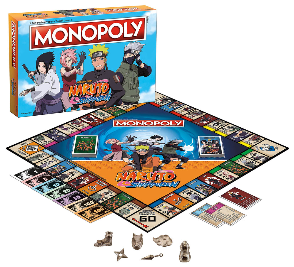 USAOPOLY Naruto Monopoly title deeds showcase ninjas and iconic locations for strategic trading.