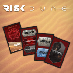 USAOPOLY Risk Dune card deck visuals highlighting faction options.
