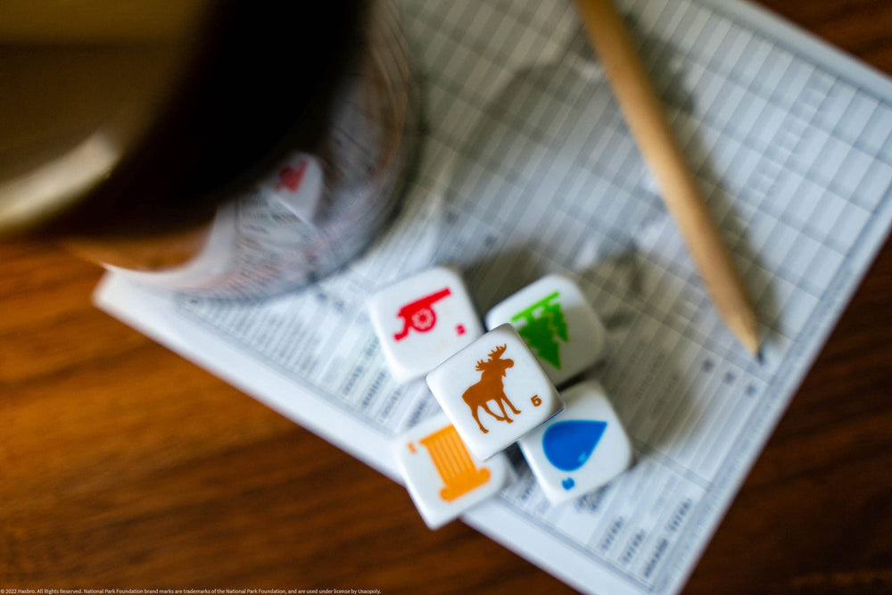 Supportive donation scene showing USAOPOLY Yahtzee National Parks proceeds