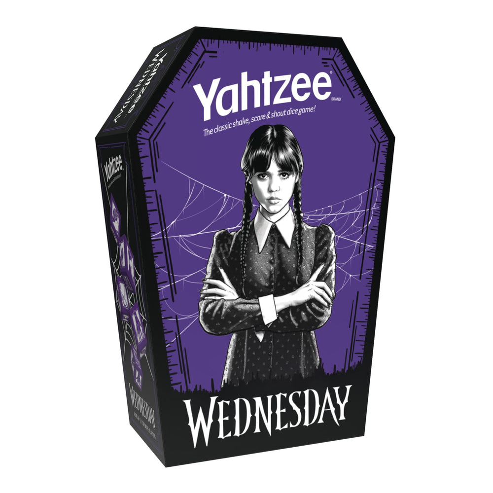 USAOPOLY Yahtzee Wednesday dice in coffin cup for gothic game night.