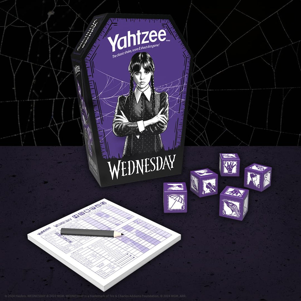 USAOPOLY Wednesday Yahtzee travel pack for on-the-go play.