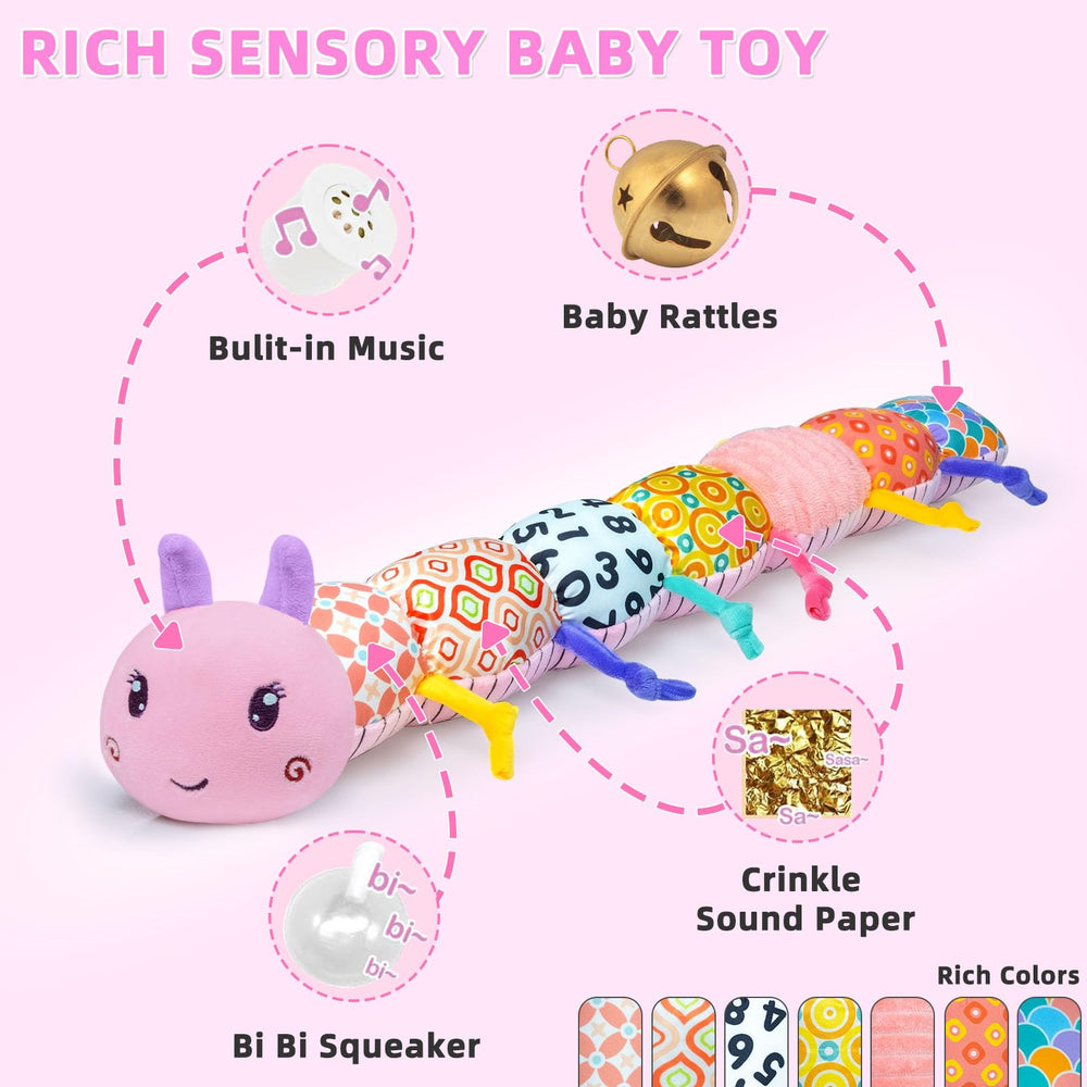 Ussybaby Caterpillar crinkle texture adds auditory interest to curious play.
