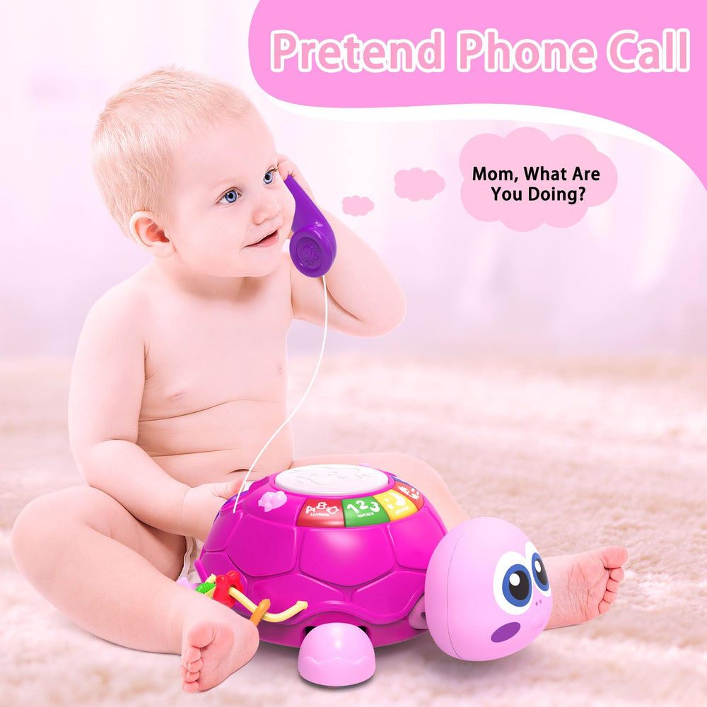 Ussybaby turtle toy phone feature encourages pretend conversations for social play.