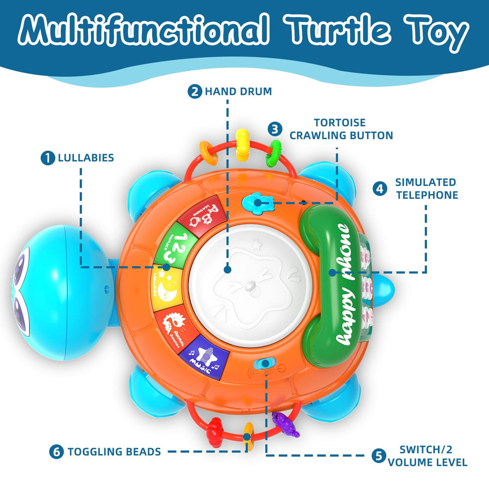 Ussybaby turtle toy side view showing responsive sounds for pretend play.