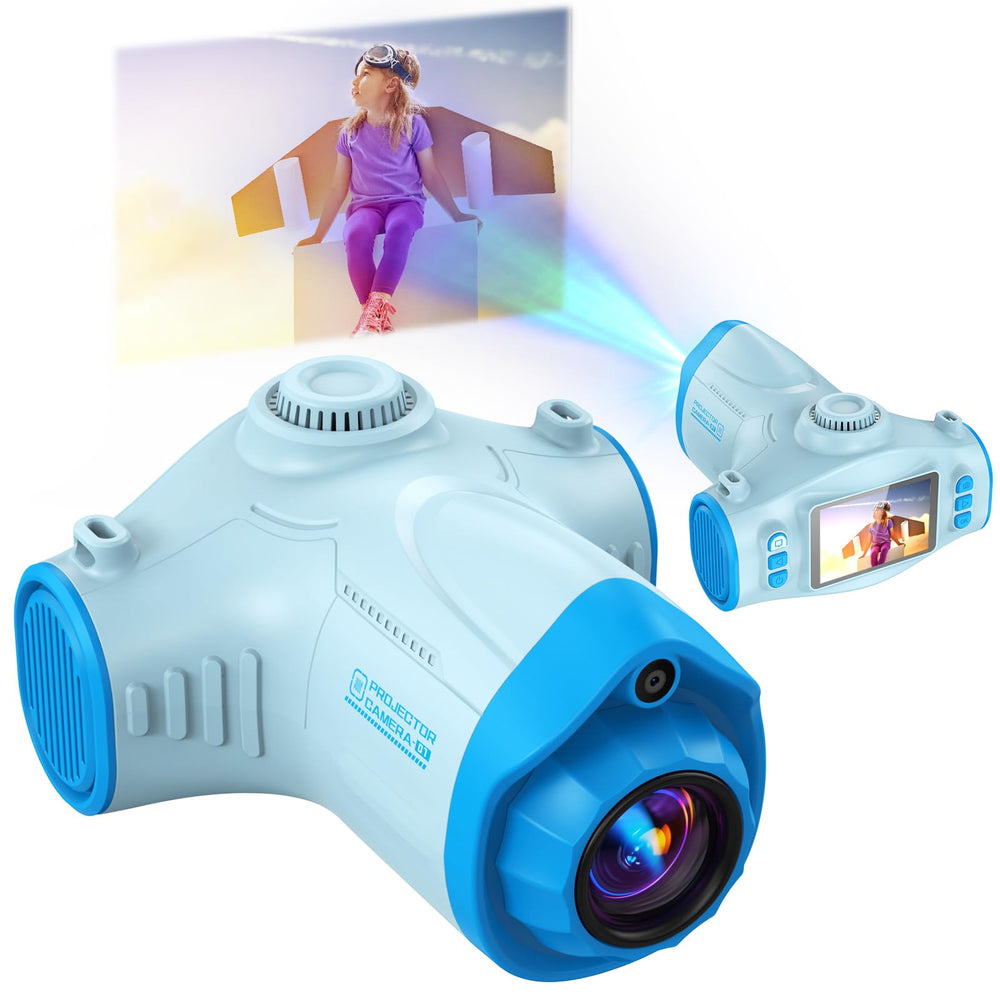 Usteetic Kids Camera Projector Blue in use by child, capturing moments on the go.