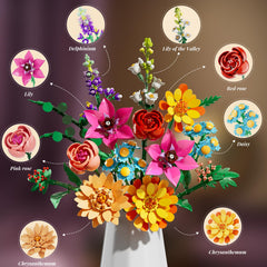 Utbttor 13 different flowers with pink rose and cosmos for varied arrangements.