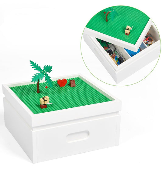 UTEX Buildable Cubby with baseplate lid stores bricks neatly for quick cleanup.