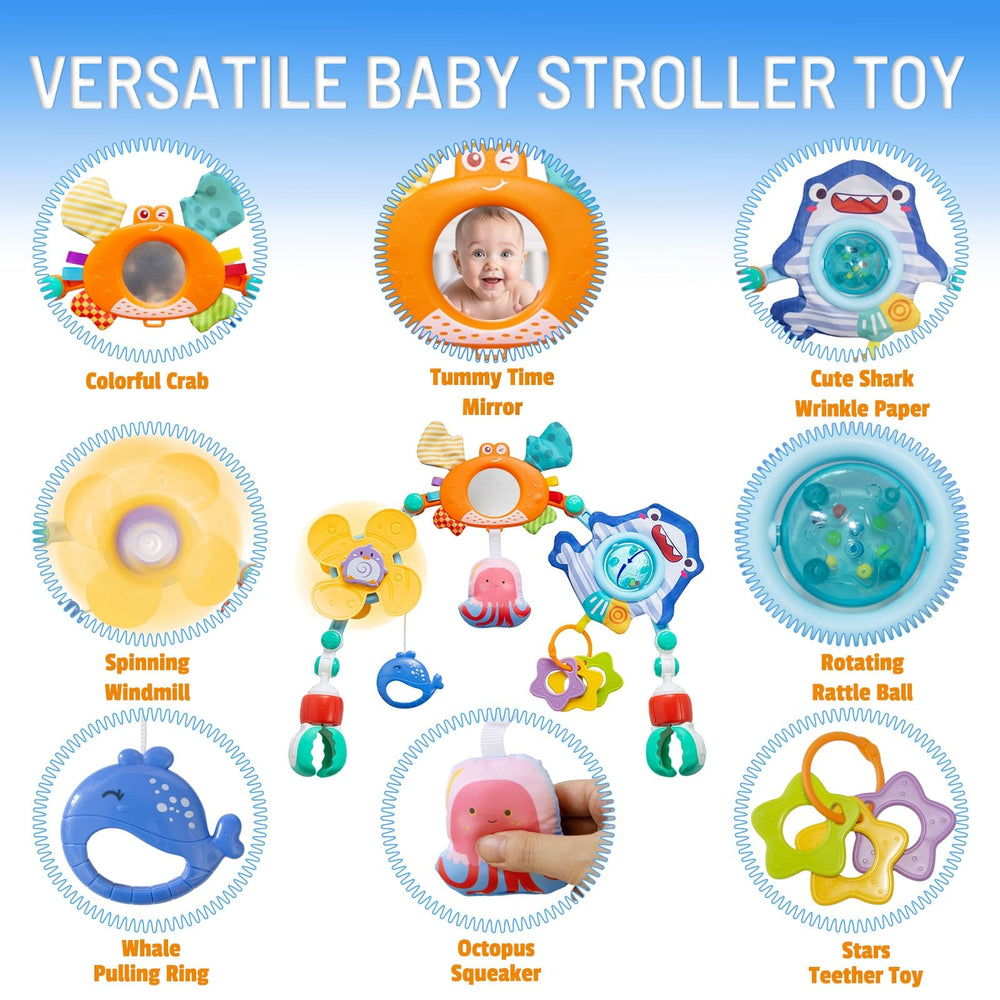UTOPLIKEY ocean-theme baby toy with bright colors engages infants with rattles and crinkles.