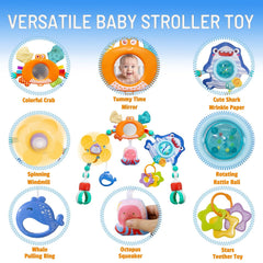 UTOPLIKEY ocean-theme baby toy with bright colors engages infants with rattles and crinkles.