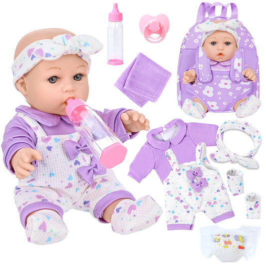 UZIDBTO 12-inch baby doll with flower backpack for imaginative play and easy transport.