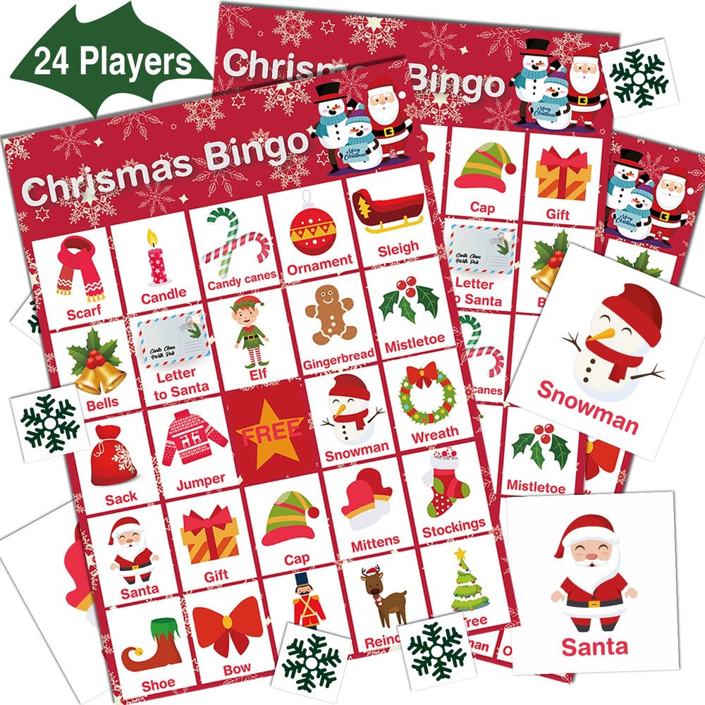 V-Opitos Christmas bingo card for 24 players, ideal for large family gatherings.