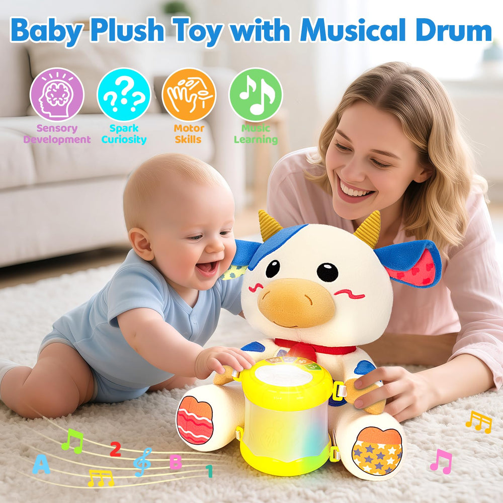 V-Opitos cow toy drum lights, visual cues and music spark early learning moments.