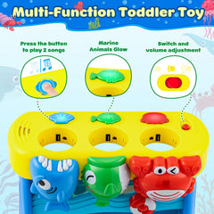 V-Opitos musical toy crab interaction encourages fine motor play and color matching.