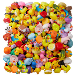 ValenLyra 100-pack rubber ducks in a bath-toys display for colorful play.