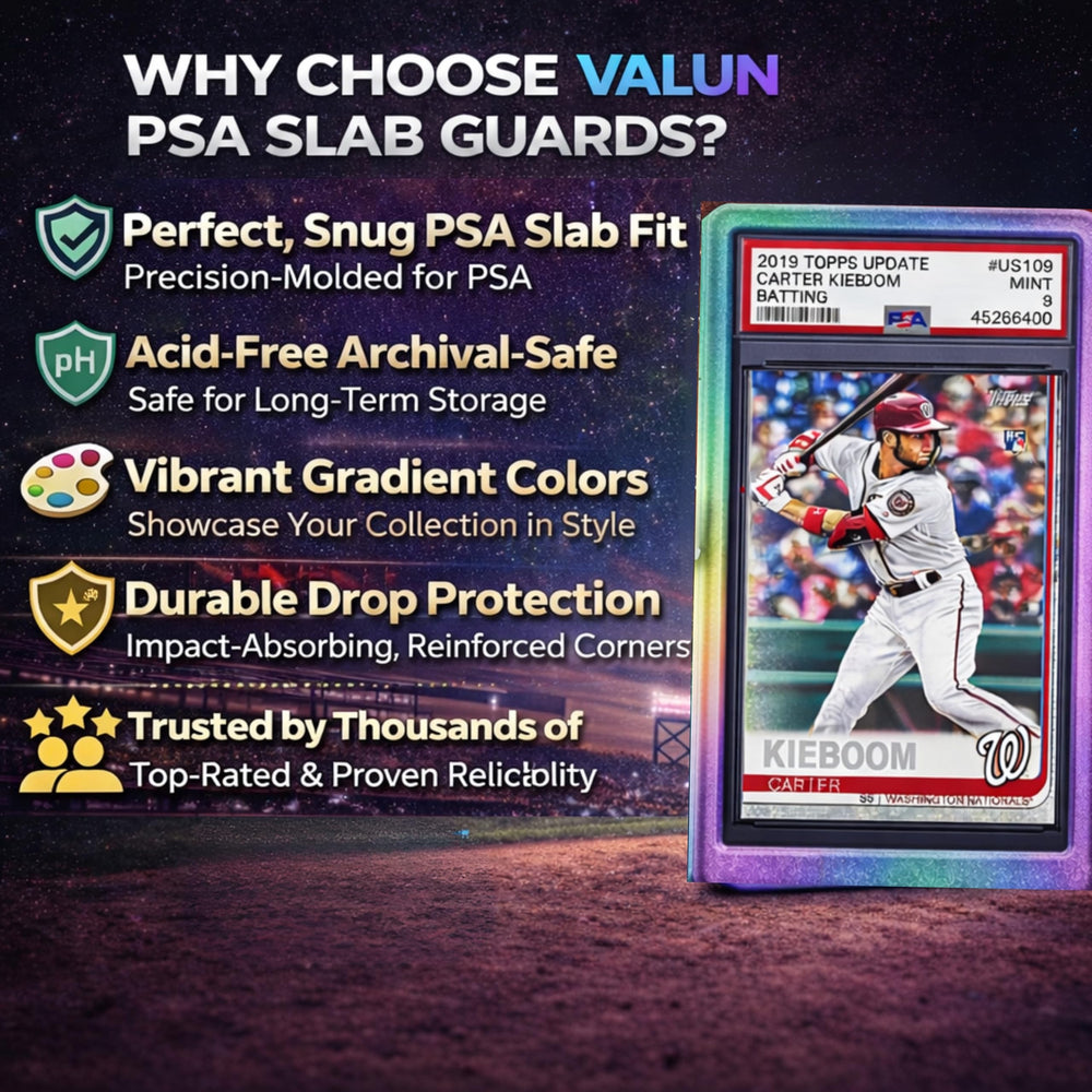 VALUN slab bumper for PSA slabs demonstrates secure compatibility with displays.