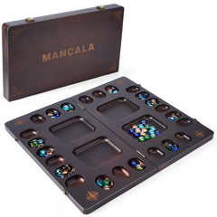 Vamslove Mancala folding wood board opened for four players, sturdy for family game night.