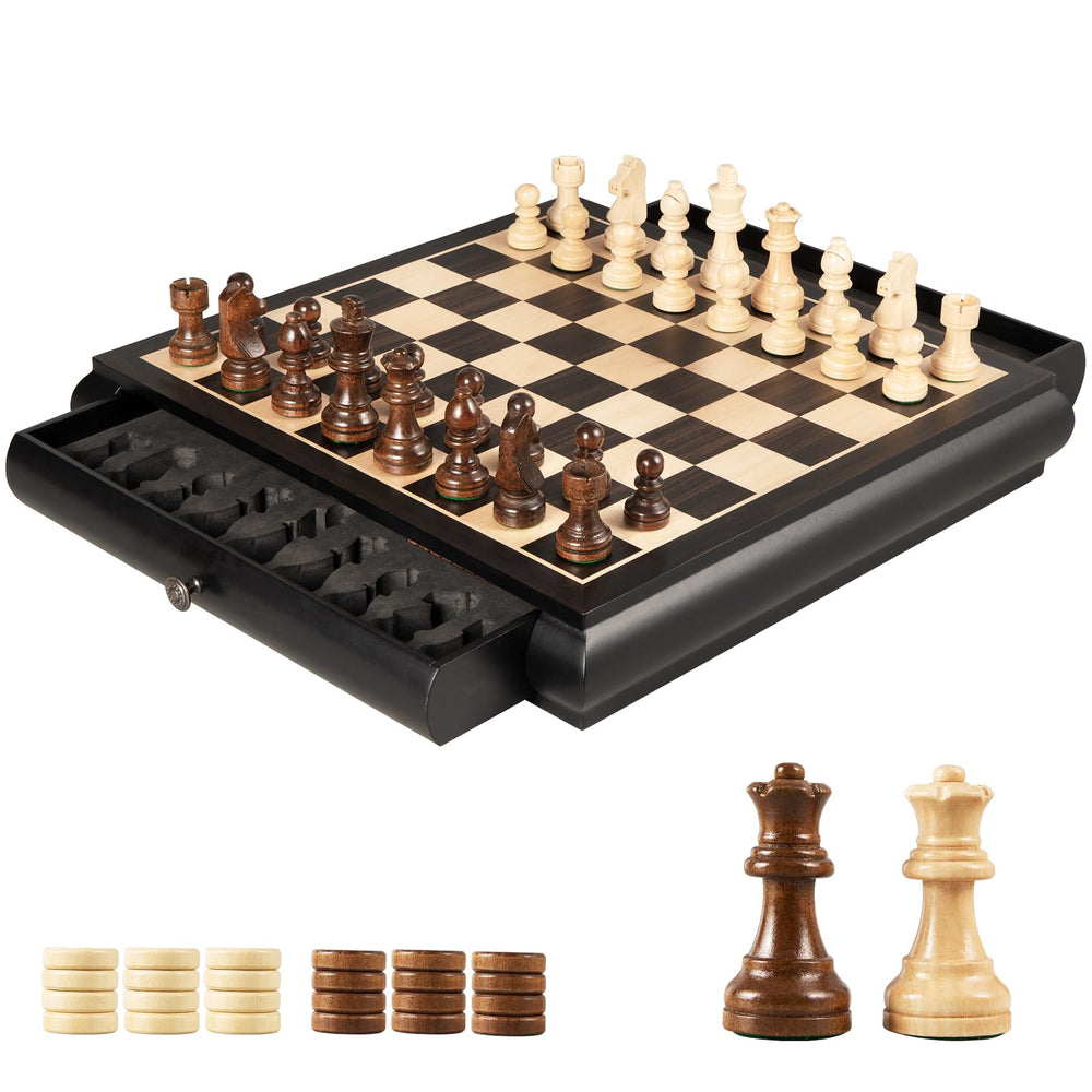 VAMSLOVE wooden chess board 15.5-inch with storage drawers for organized play