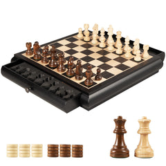 VAMSLOVE wooden chess board 15.5-inch with storage drawers for organized play