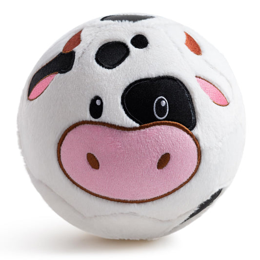 VangeBow cow plush soccer ball for toddlers with soft plush exterior for safe indoor play.
