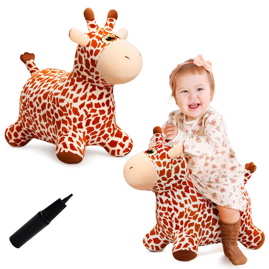 VangeBow Giraffe Bouncy Horse side view showing plush giraffe ride-on for balance and fun