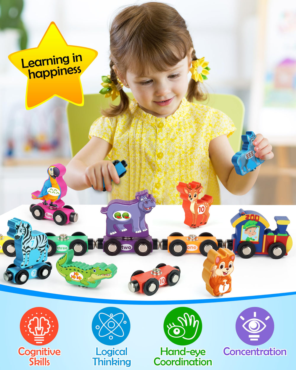 Vanmor magnetic animal train cars for matching and fine motor skills.
