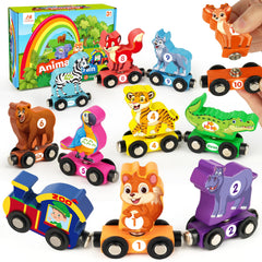 Vanmor wooden train set for toddlers with numbered cars and animals to spark imaginative play.