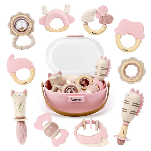 Vanplay 10-piece pink rattle set shown for early development and playtime.