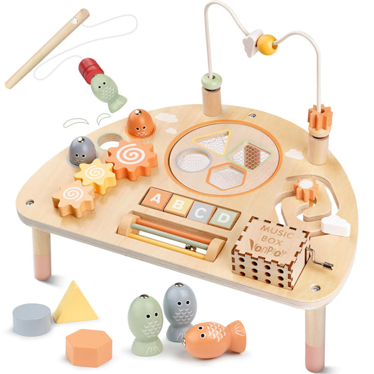 Vanplay 8-in-1 activity table with bead maze enhances hand-eye coordination during play.