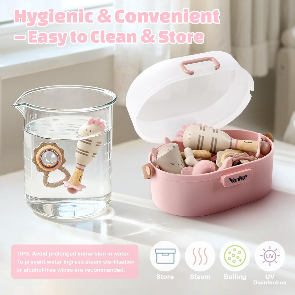 Vanplay dishwasher-safe rattles simplify cleaning after playtime.