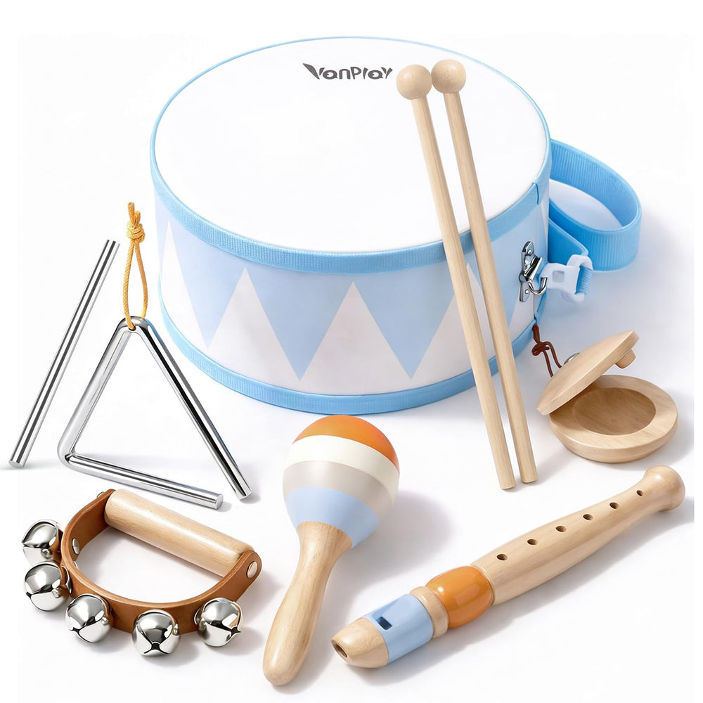 Vanplay drum set six-piece for toddlers promotes rhythmic play and early music exploration.