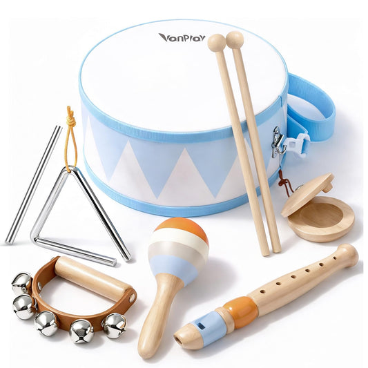 Vanplay drum set six-piece for toddlers promotes rhythmic play and early music exploration.