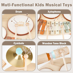 Vanplay toddler drum set includes two drumsticks for interactive play and motor skills.
