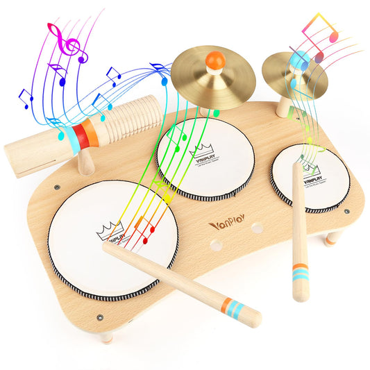 Vanplay kids drum set wooden toddler setup promotes coordination and creative play.