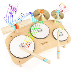 Vanplay kids drum set wooden toddler setup promotes coordination and creative play.
