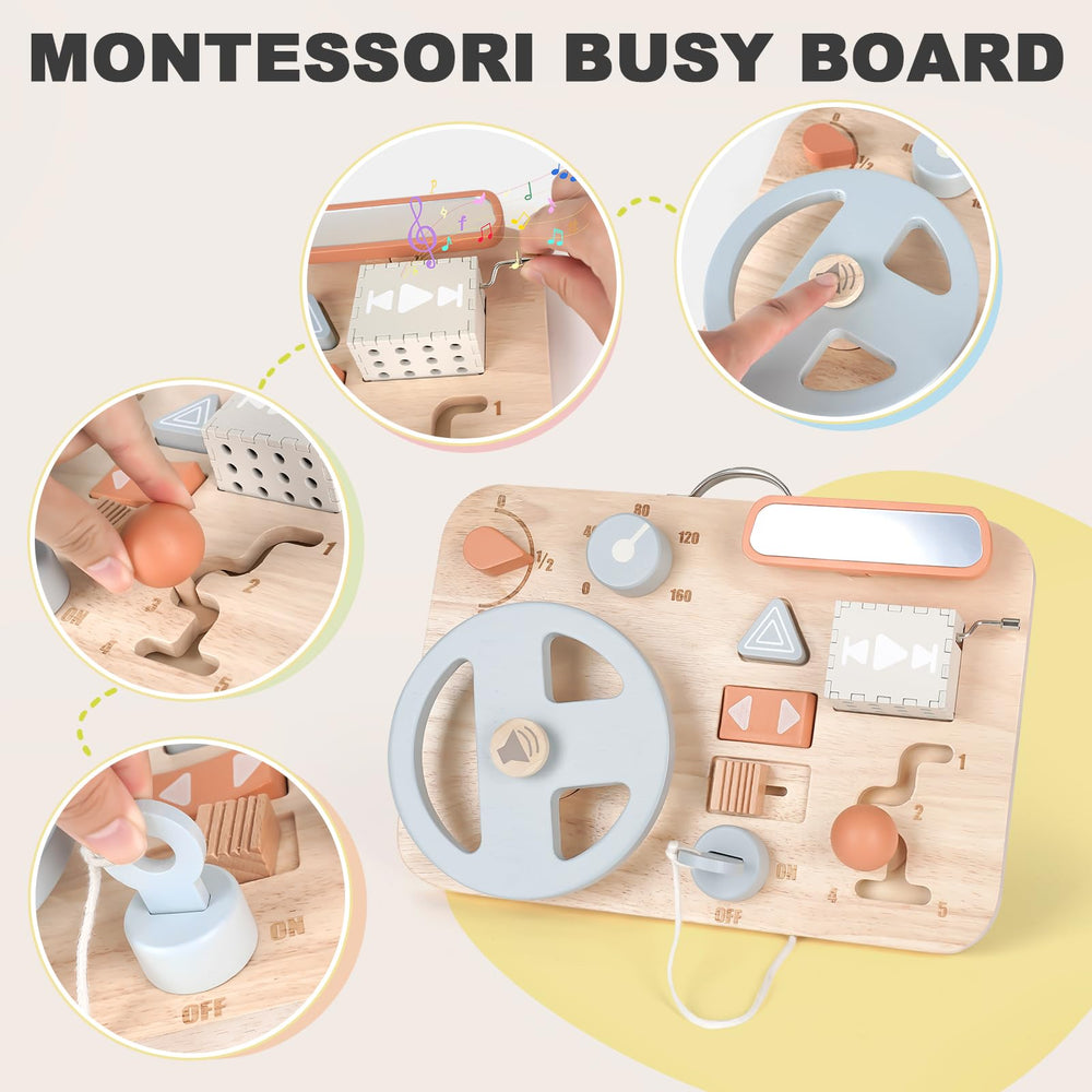 Vanplay Montessori Busy Board gear shift interaction supports hand-eye coordination through play